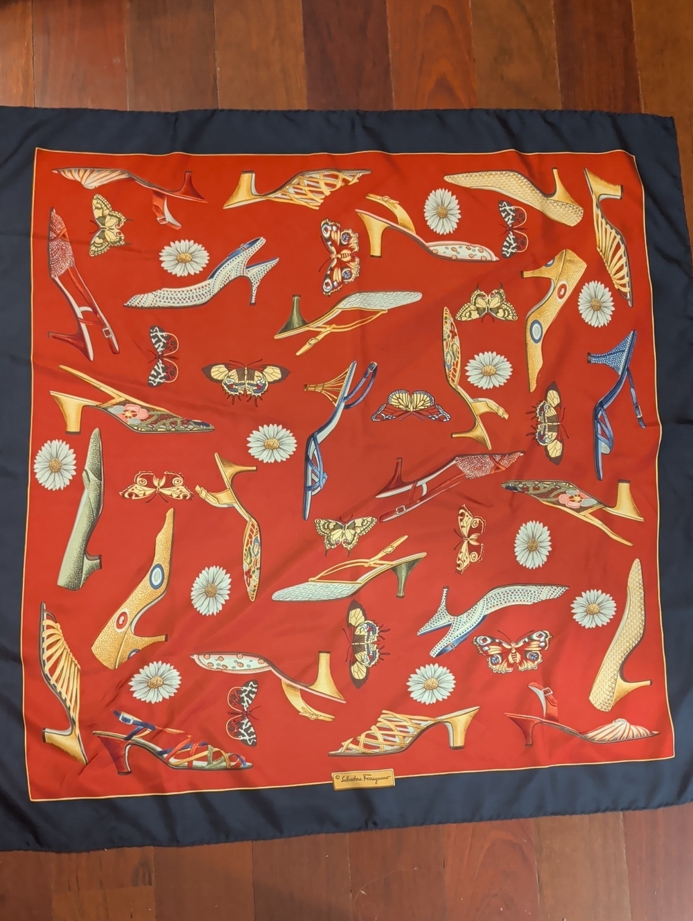 Salvatore Ferragamo Red Scarf Navy Border and Shoe Butterfly Daisy Old Money